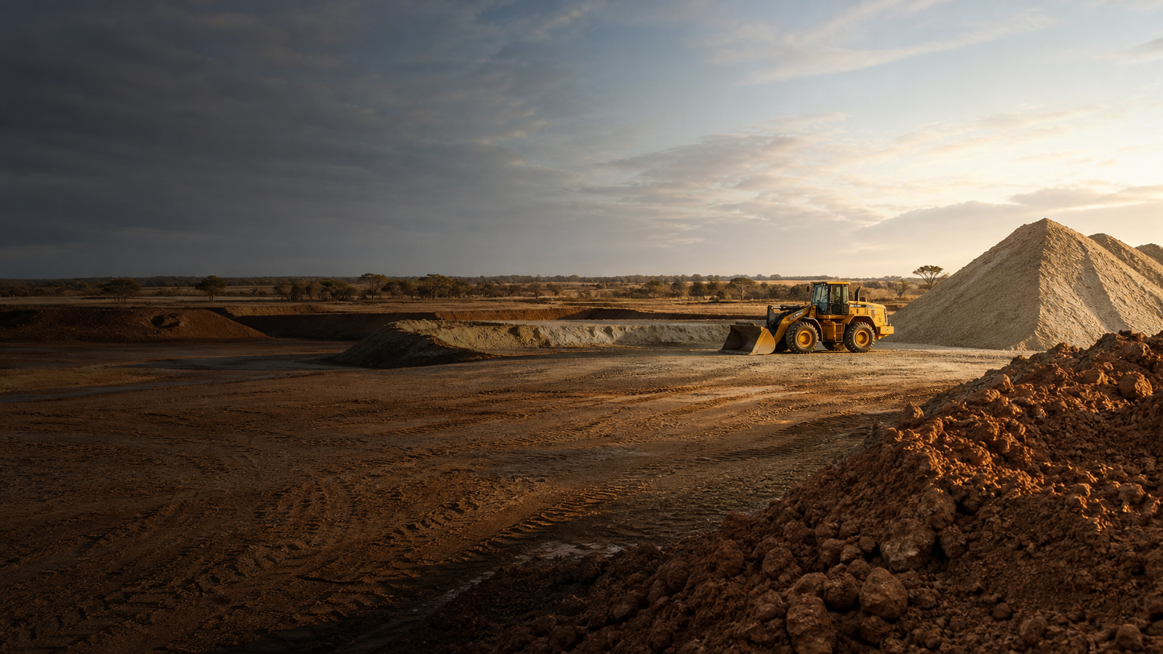 Graded earthwork site with sand and clay stockpiles